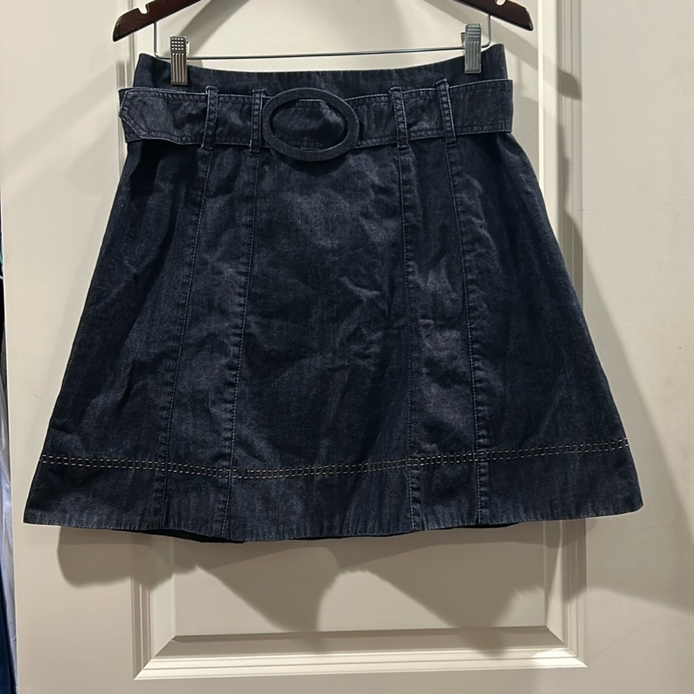 Dex belted dark denim flare skirt zip up back stitching detailing no size rag